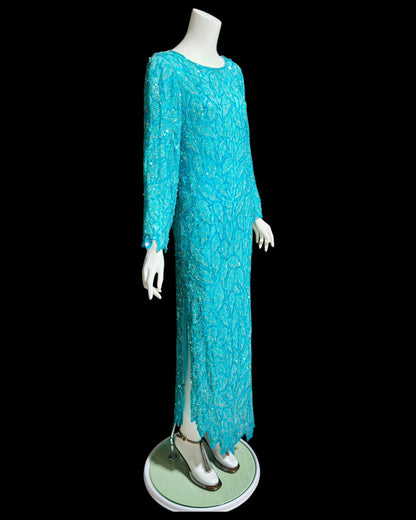 1980s Vintage Turquoise blue silk beaded full length sheath evening gown, Silver beads long sleeves and sequins