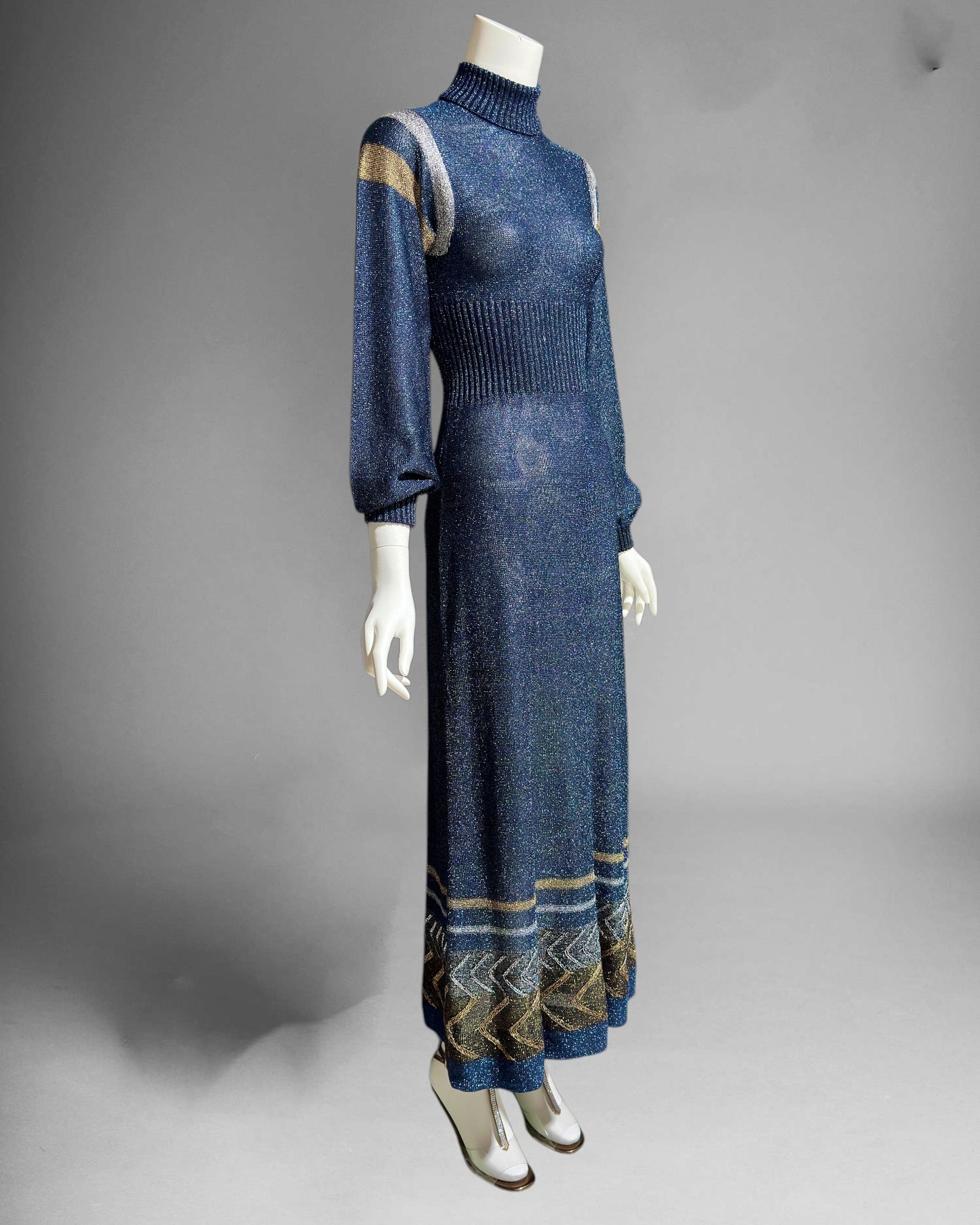 WENJILLI lurex maxi dress, 1970s vintage Blue Metallic Knit Maxi Dress Turtle Neckline