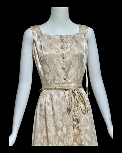 B. COHEN vintage 1940s silk dressing evening gown, house dress, ivory gold metallic feather button front