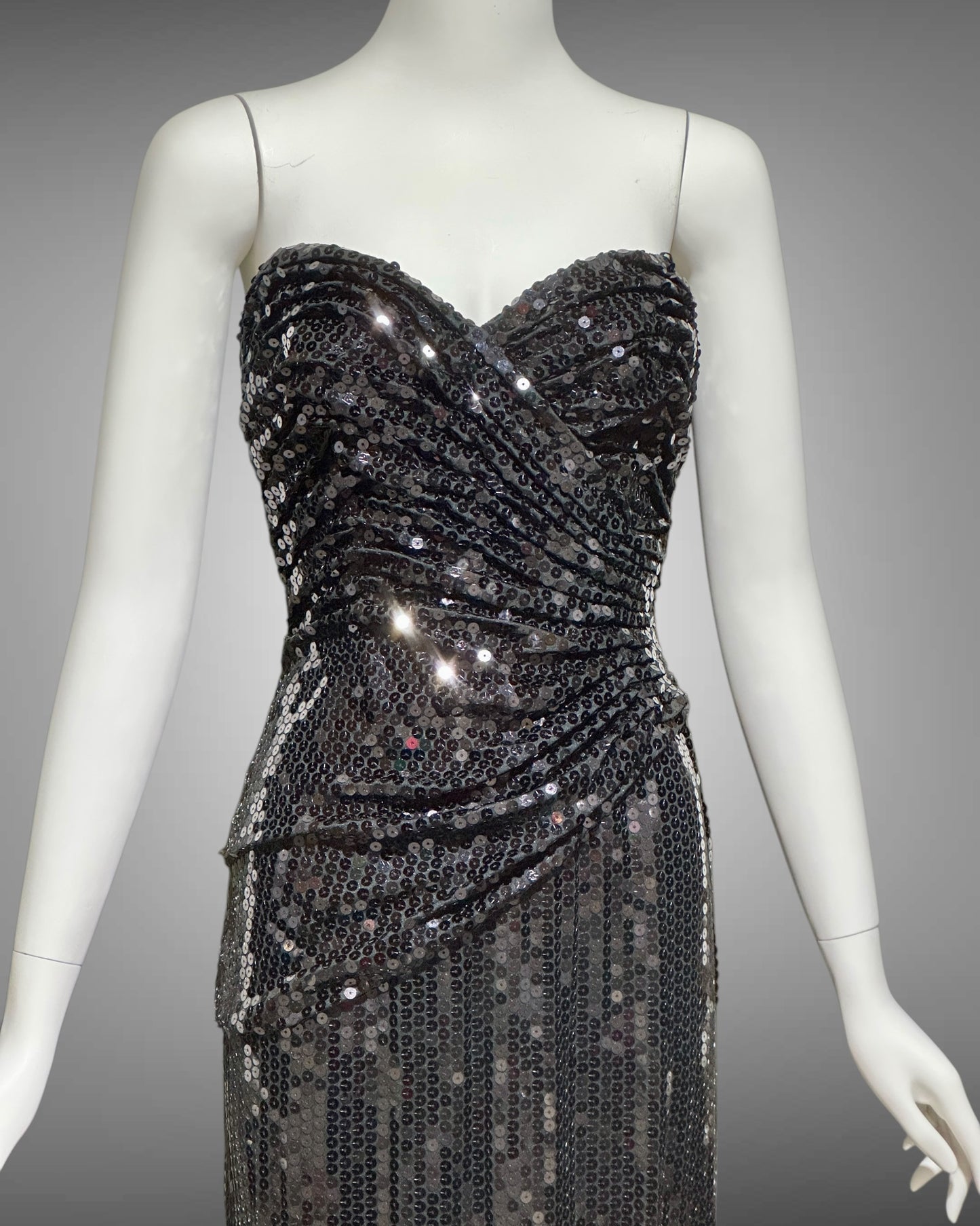 TADASHI vintage evening dress gown, 1980s all over black sequin, strapless ruched bodice