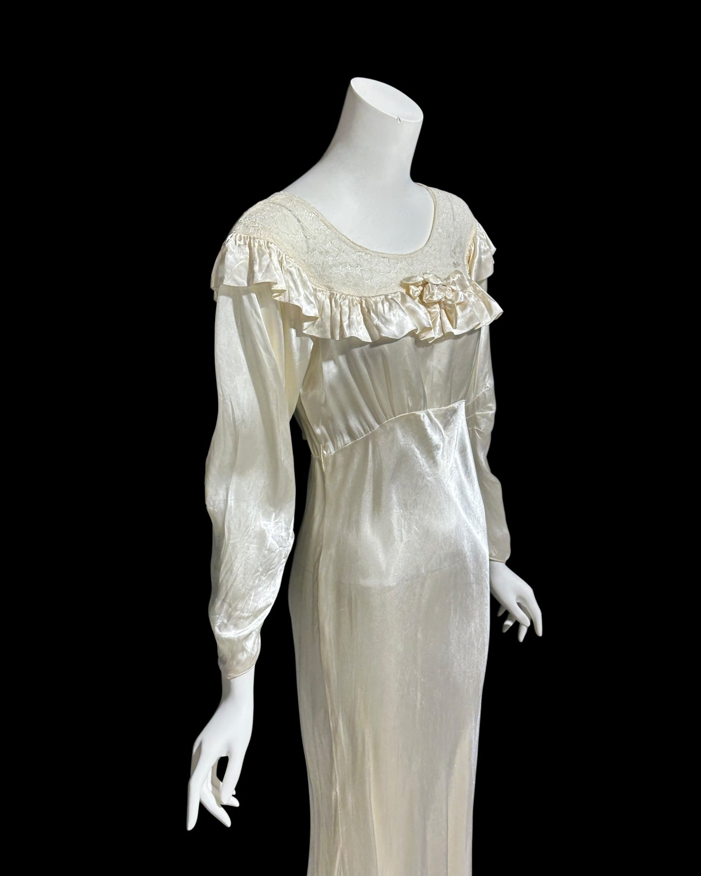 1930s vintage liquid satin wedding dress, shiny bias cut sheath bridal gown, full length gown with sleeves