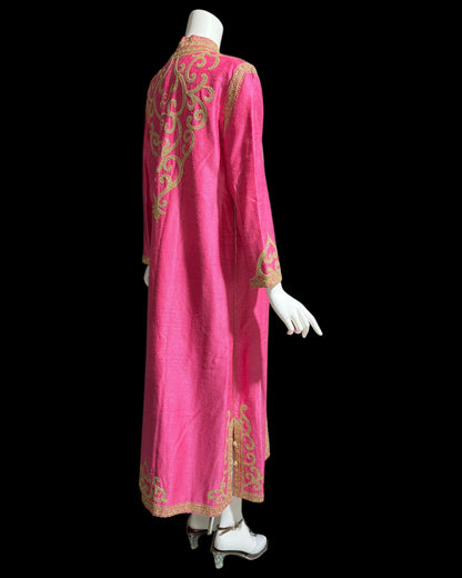 MOROCCAN KAFTAN vintage 1960s raw silk caftan evening dress, Hand Made Hot Pink and gold metallic