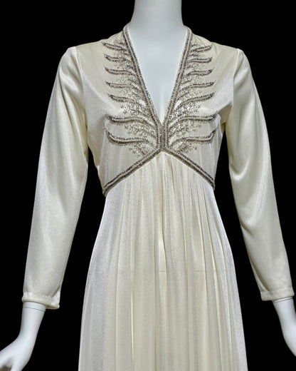 JACK BRYAN, vintage 1970s white jersey knit evening wedding dress with beaded bodice