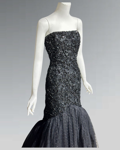 DAVID FIELDEN, 1980s Neiman Marcus, Black lace Mermaid sequin gown