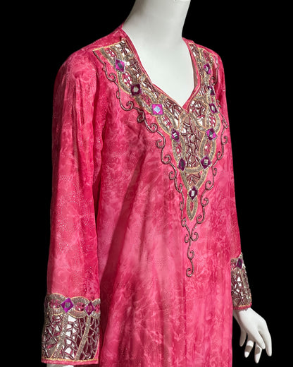 I MAGNIN, vintage 1980s caftan dress, embroidery, beaded, mirrors & cut work, sheer pink evening kaftan gown with Fringe
