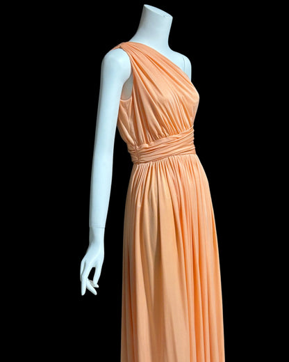 OLE BORDEN for Lillie Rubin, 1970s peach one shoulder evening gown, draped pleated grecian goddess gown