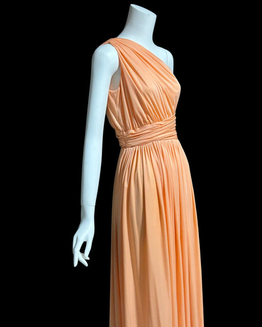 OLE BORDEN for Lillie Rubin, 1970s peach one shoulder evening gown, draped pleated grecian goddess gown