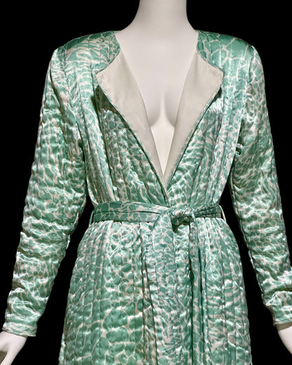 MARY MCFADDEN 1980s vintage robe housecoat, celadon green wrap front quilted dressing gown