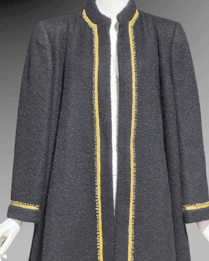 TRIGERE 1980s mohair swing coat, for SAKS 5th Ave Black mohair gold metallic cord