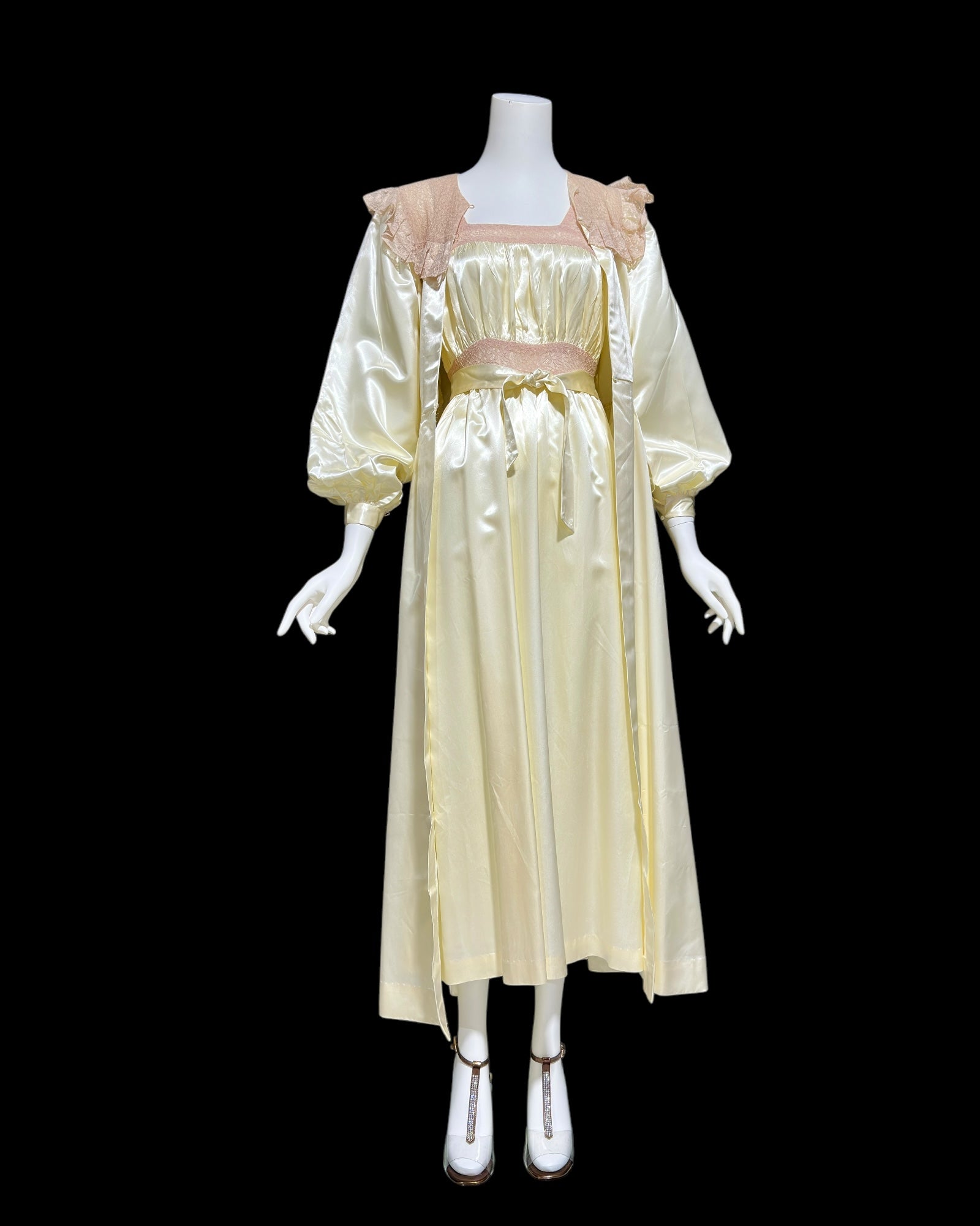 1930s vintage nightgown robe set, candlelight cream and old rose shiny night dress peignoir set