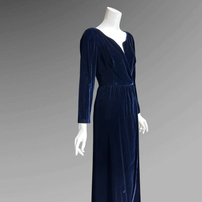MOLLIE PARNIS vintage 1960s blue velvet wrap evening dress, Morty Sussman