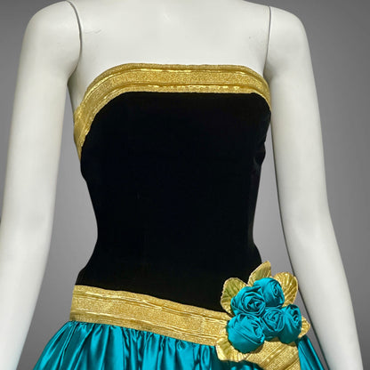 EUGENE ALEXANDER for Neiman Marcus, 1980s evening dress, black & teal rosette ball gown