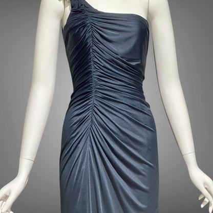 EUGENE ALEXANDER, vintage 1980s evening dress, Slinky Black sheath One Shoulder Grecian Goddess gown