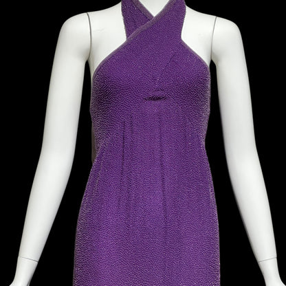 JEET vintage 1980s evening gown, Purple Beaded Silk Sheath gown, Halter slip dress