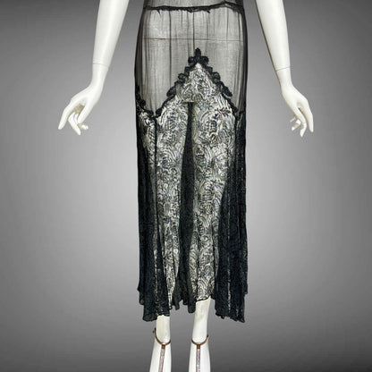 1930s vintage sheer black lace dress, wickedly sheer French lace sheath evening dress