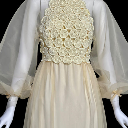 CYRELD PARIS, vintage 1970s yellow chiffon evening dress, WERLE Beverly Hills sheer bishop sleeves