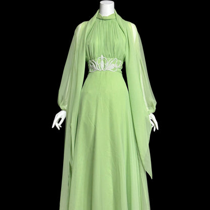 LILLIE RUBIN vintage 1970s green chiffon evening dress gown, Collection 700, matching scarf cape