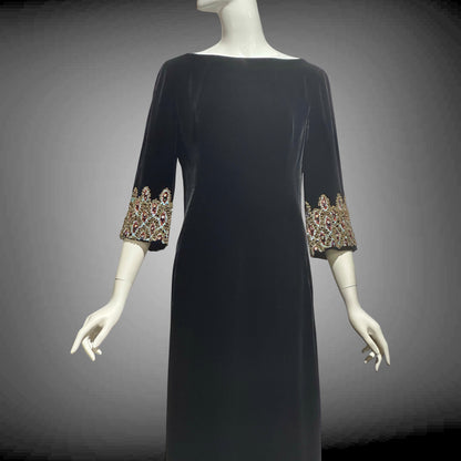 CAMEO vintage evening dress, for Bonwit Teller, 1960s black velvet beaded gown