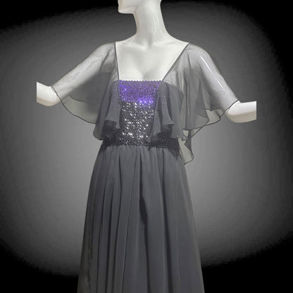 JEAN VARON, Made in England, vintage 1970s sequin and chiffon scarf evening dress