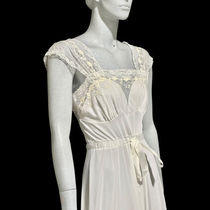 KAYSER LUXITE, vintage 1940s nightgown slip dress, white nylon full sweep bridal night dress