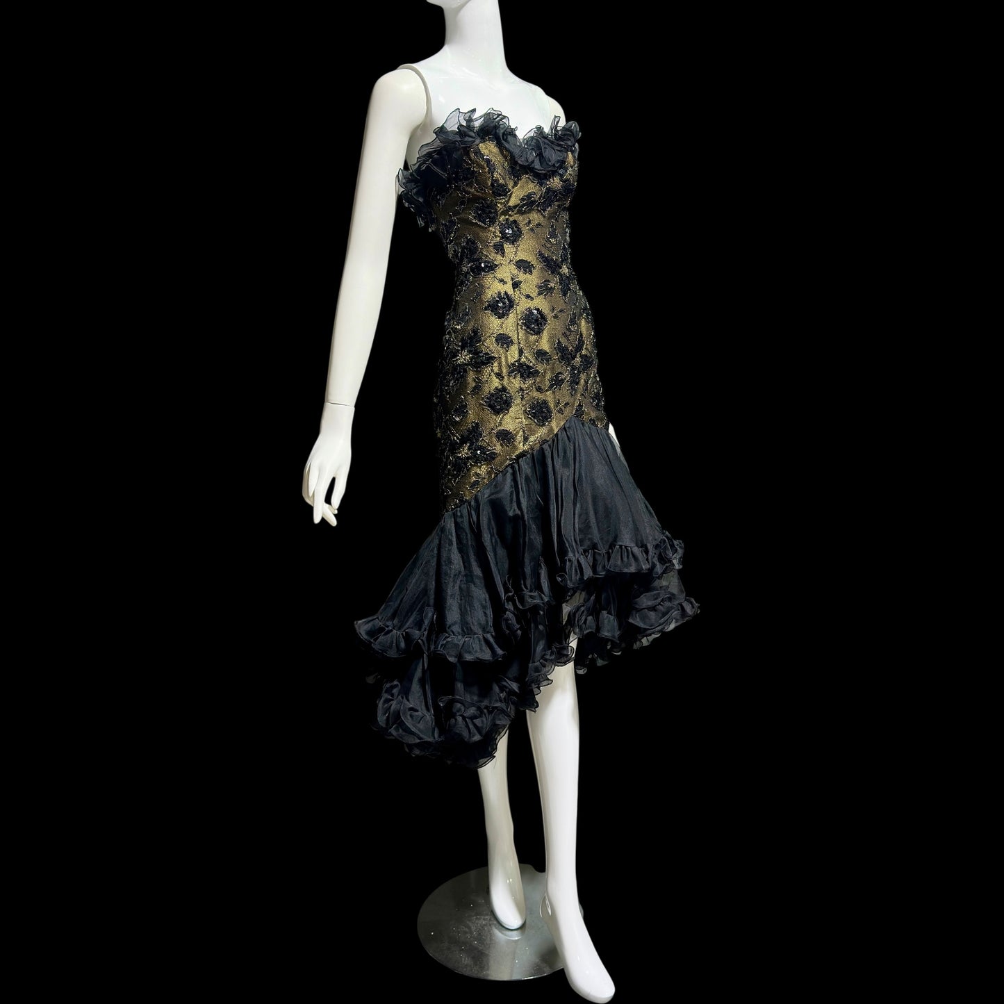 DAVID FIELDEN vintage 1980s evening dress, Party Dress, Black and Bronze All Silk Hi Low Ruffle dress