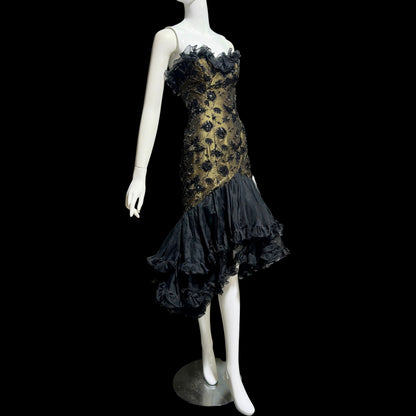 DAVID FIELDEN vintage 1980s evening dress, Party Dress, Black and Bronze All Silk Hi Low Ruffle dress