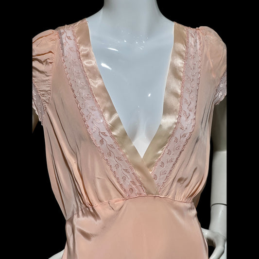 1940s vintage nightgown slip dress, Shiny peach bias cut rayon slip dress, full length, cap sleeves