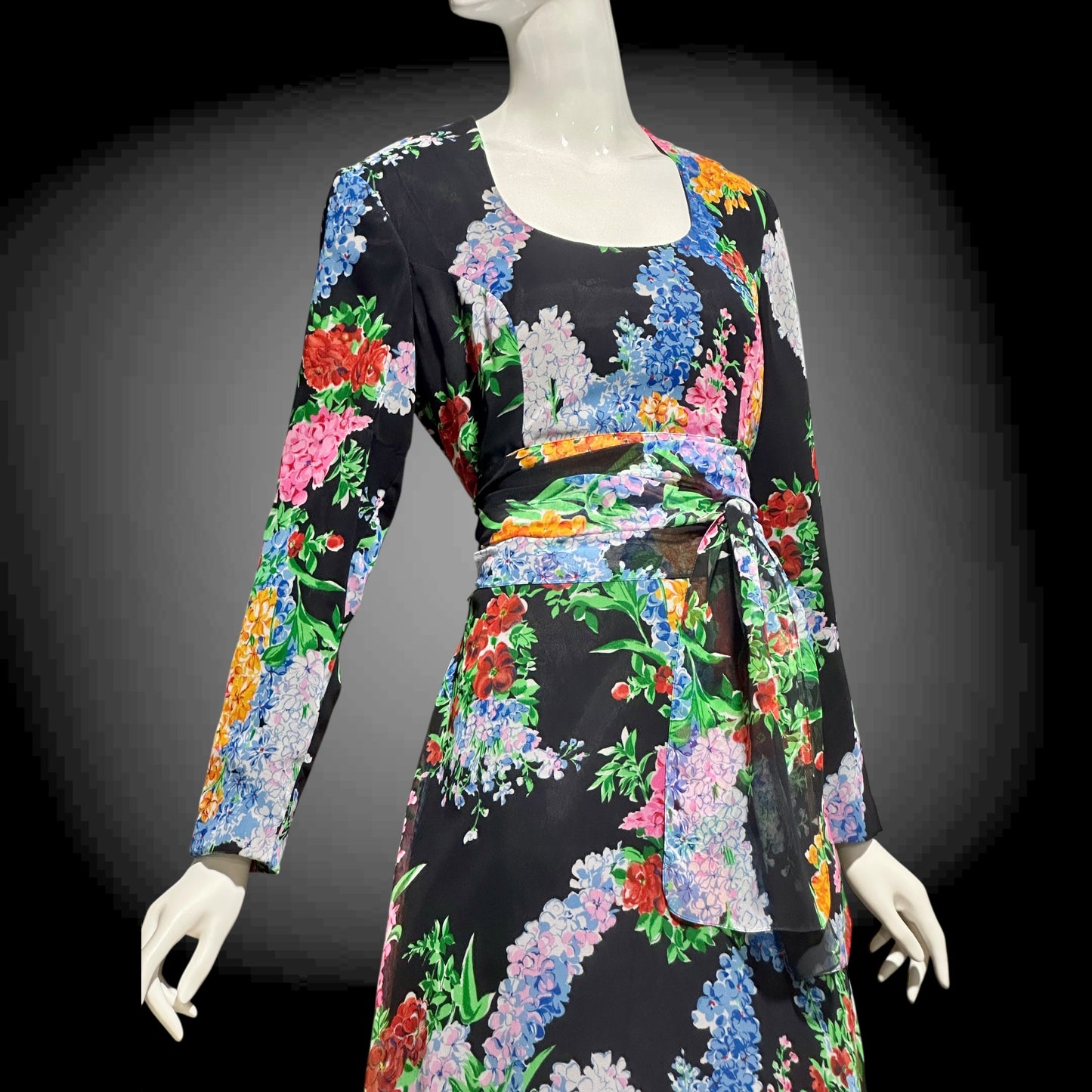 RAZOOK'S vintage 1970s evening dress, poly chiffon floral maxi dress