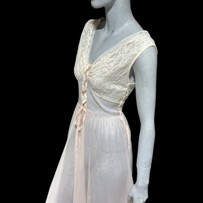 ODETTE BARSA vintage 1940s nightgown slip dress, Sheer pale pink with white lace full sweep Old Hollywood gown