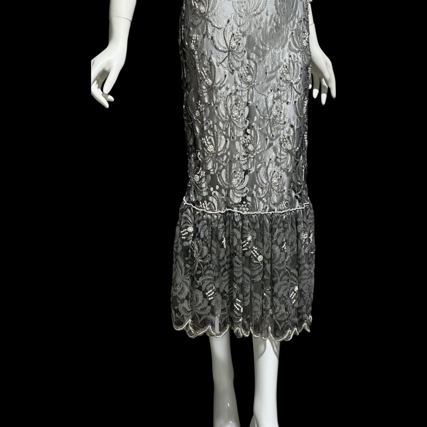 JUDITH ANN, Vintage 1980s sheer beaded dress, Black sheer mesh with beads, Hight neck with ruffle sheath cocktail party dress