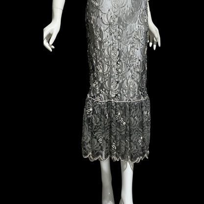 JUDITH ANN, Vintage 1980s sheer beaded dress, Black sheer mesh with beads, Hight neck with ruffle sheath cocktail party dress
