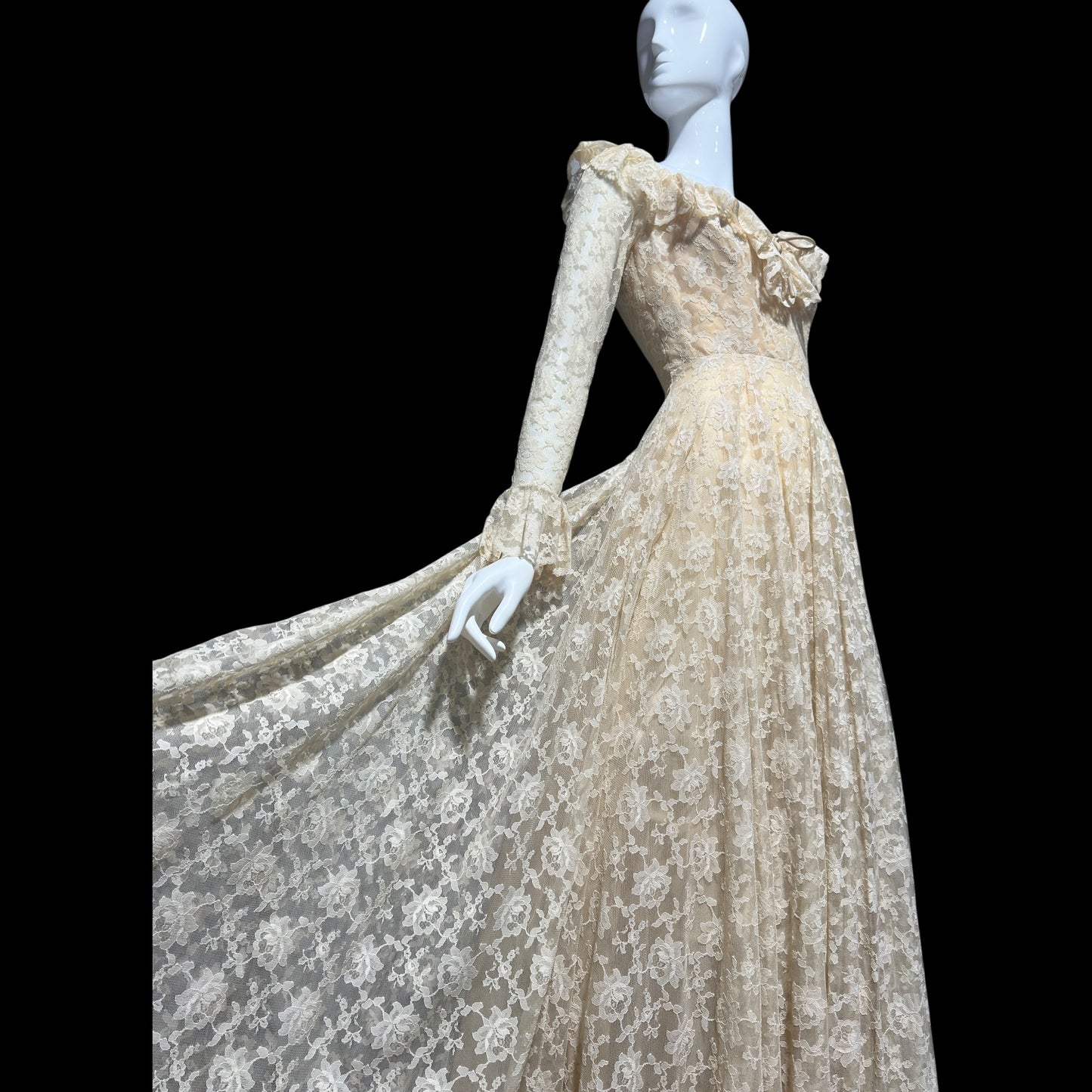 LES WILK 1970s vintage evening dress, lace beige ruffle deep V neckline full sweep wedding dress