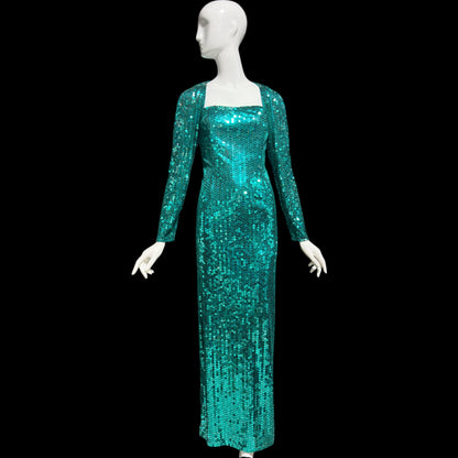 OLEG CASSINI vintage 1980s bodycon sequin evening gown, Mermaid teal green sheath gown with open back