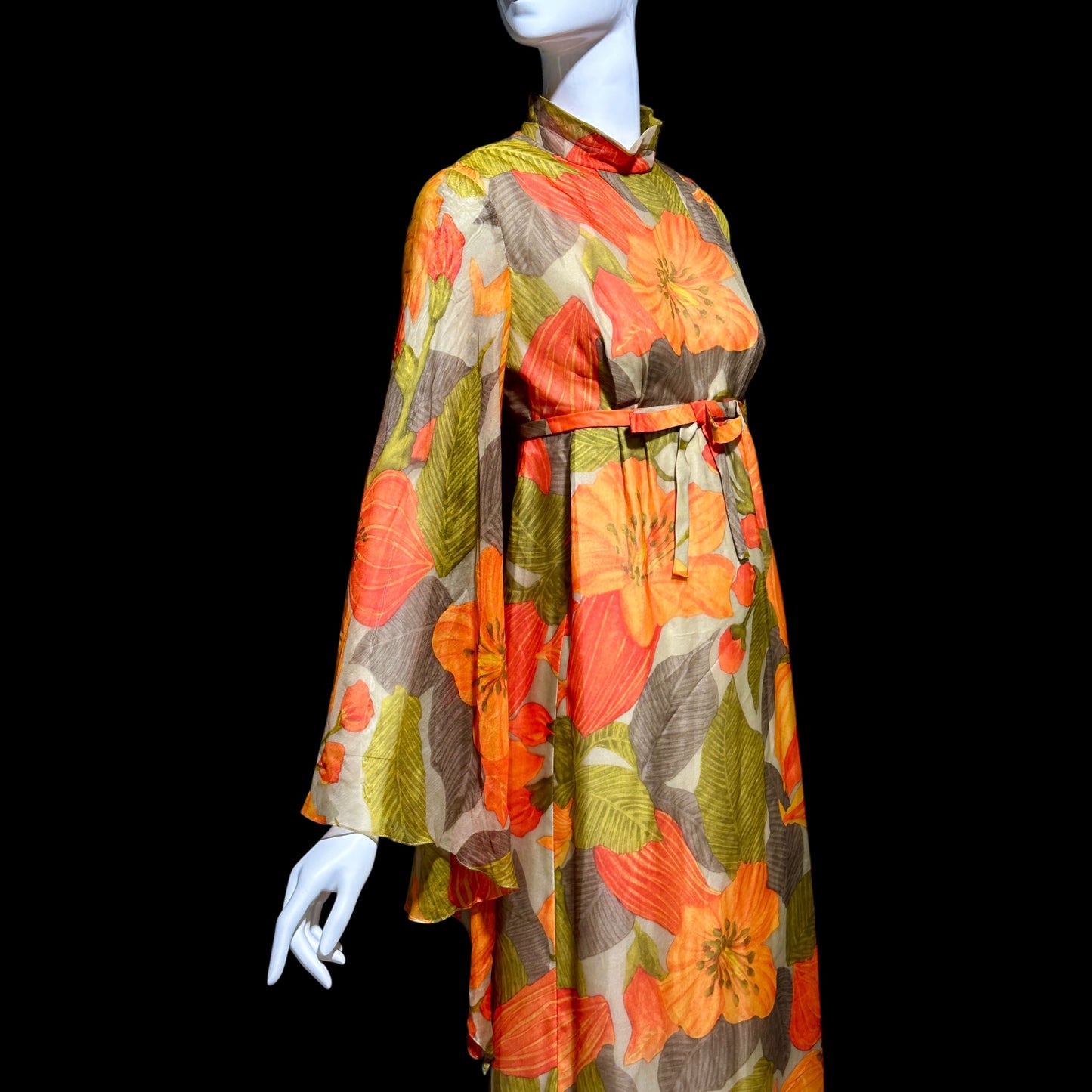 BOB BUGNAND Sam Friedlander,  Martha Weathered, vintage 1970s evening dress, Orange floral angel sleeves