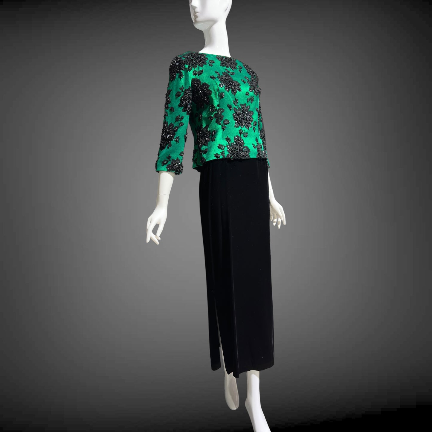 SAKS FIFTH AVE 1960s vintage evening dress, Beaded Black Velvet Green Satin 2 piece long dress
