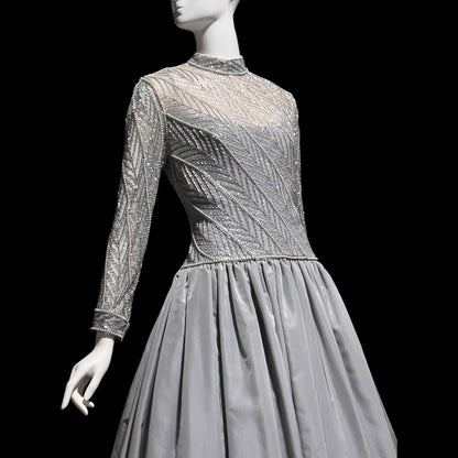 BOB MACKIE, vintage 1980s evening dress ball gown, Silver grey heavily beaded taffeta gown, Long sleeve high neck