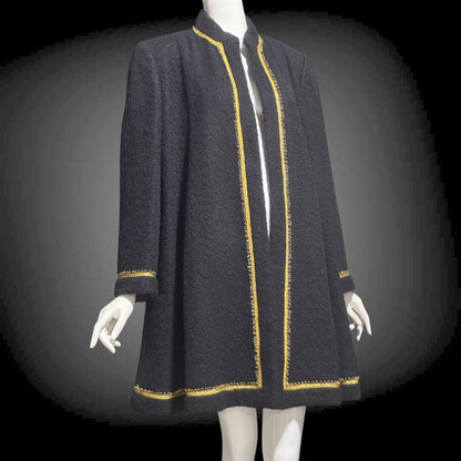 TRIGERE 1980s mohair swing coat, for SAKS 5th Ave Black mohair gold metallic cord
