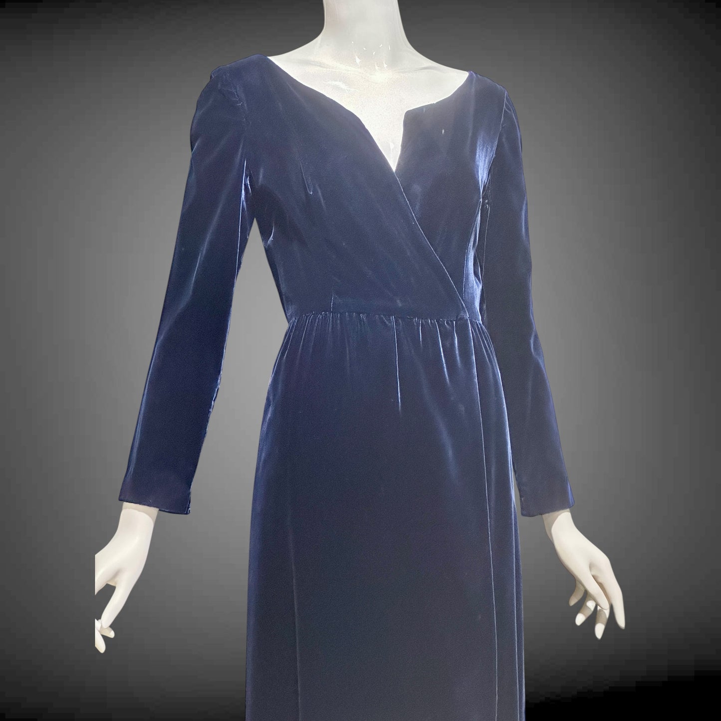 MOLLIE PARNIS vintage 1960s blue velvet wrap evening dress, Morty Sussman