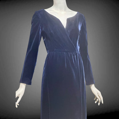 MOLLIE PARNIS vintage 1960s blue velvet wrap evening dress, Morty Sussman