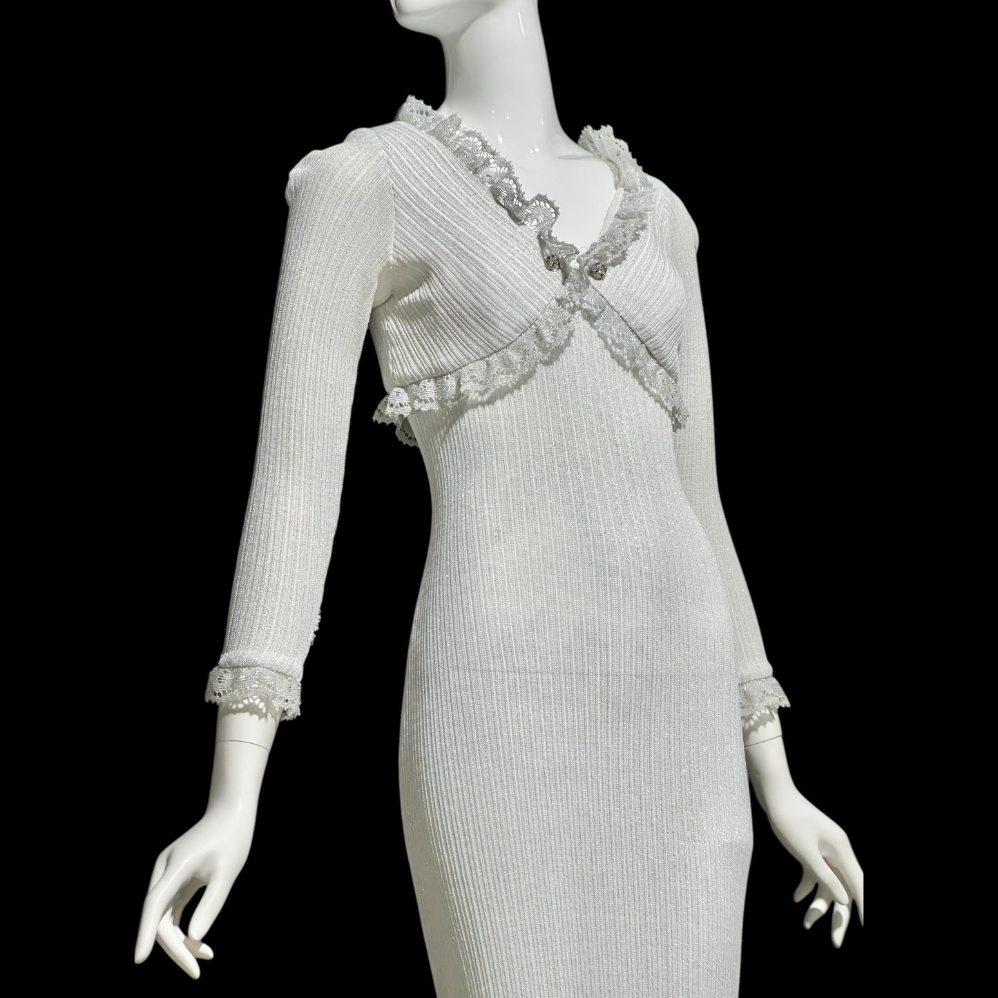 1970s vintage bodycon knit evening dress, Silver Metallic Lurex Sheath Maxi Dress