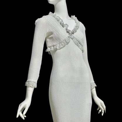 1970s vintage bodycon knit evening dress, Silver Metallic Lurex Sheath Maxi Dress