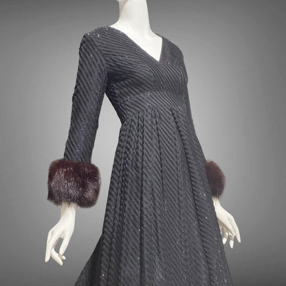 LILLIE RUBIN Vintage 1970s evening gown, Black eye lash Sparkly Gown with Fur Cuffs