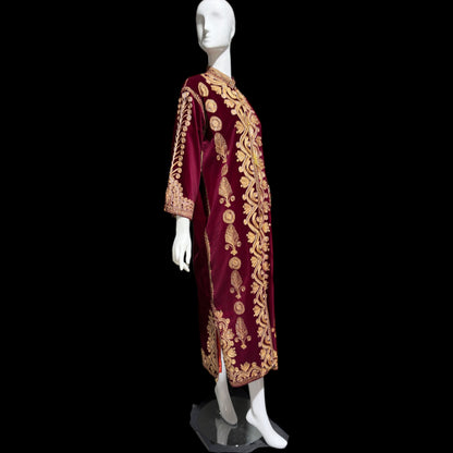 PROFILS du MONDE vintage Embroidered Moroccan kaftan,  1960s evening maxi coat dress, Beverly Hills Ruby Red velvet gold metallic