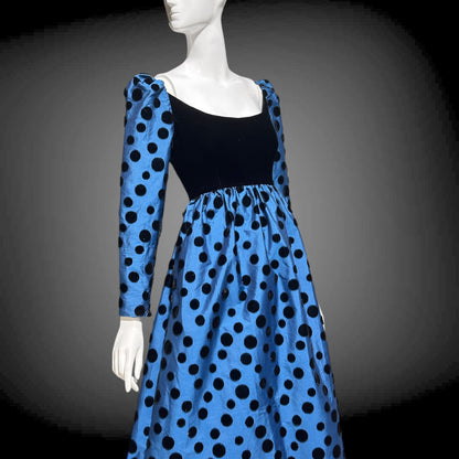 ADELE SIMPSON vintage 1960s evening dress, steel blue taffeta with black velvet flocked polka dots