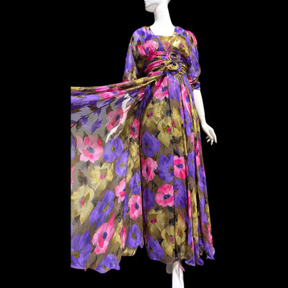 FRANK USHER LONDON, vintage 1970s evening dress, jewel tone floral chiffon with gold metallic