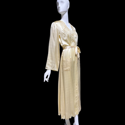 PEONY vintage 1950s dressing gown robe, 100% silk creamy white embroidered robe house coat
