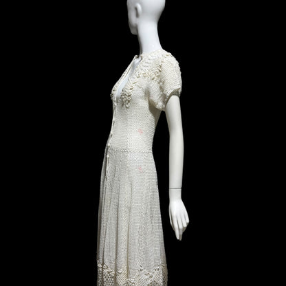 1970s vintage white crochet dress, all cotton blouson shirtdress, midi length