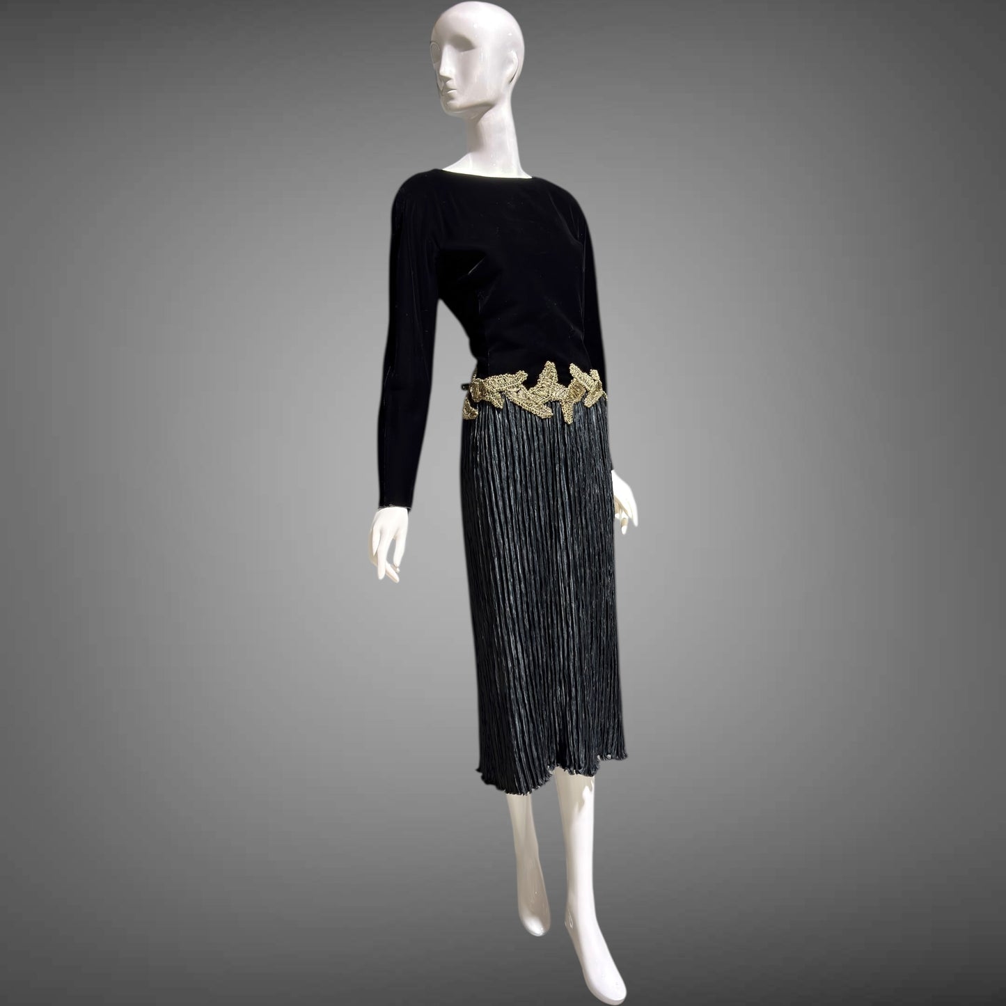 MARY MCFADDEN vintage evening dress, 1980s Designer Glam Black velvet plisse cocktail party dress