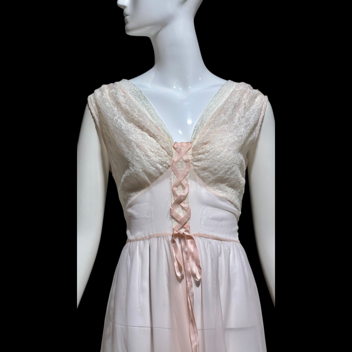 ODETTE BARSA vintage 1940s nightgown slip dress, Sheer pale pink with white lace full sweep Old Hollywood gown
