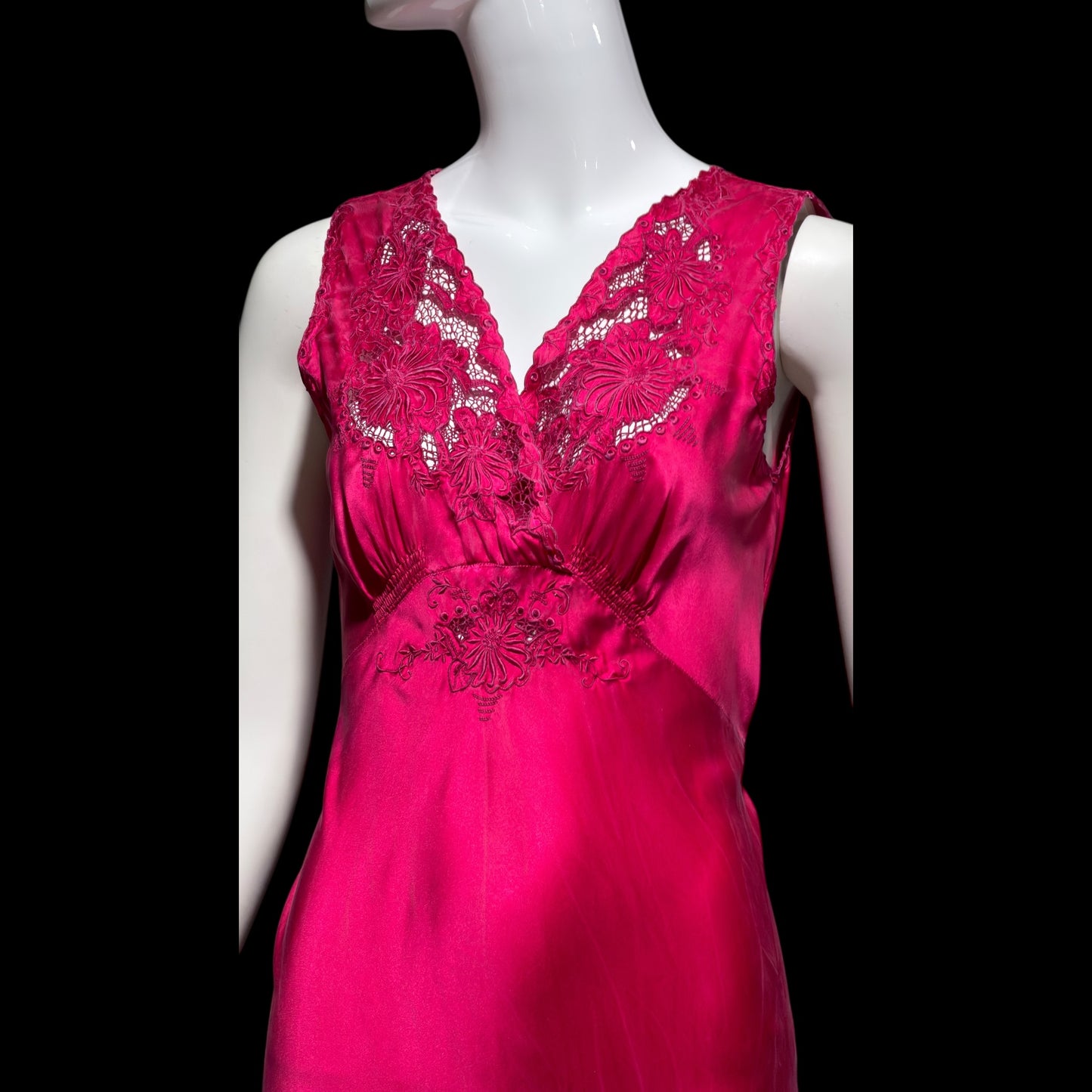 PEONY vintage 1950s Silk Nightgown Slip Dress: Made in SHANGHAI Embroidered Magenta bias cut gown